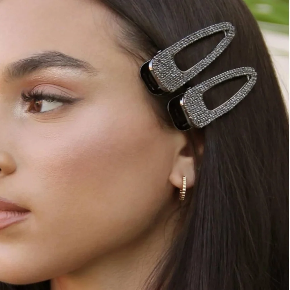 ETTIKA SET OF TWO LARGE HAIR CLIPS GUNMETAL WITH BLACK CRYSTALS NWT